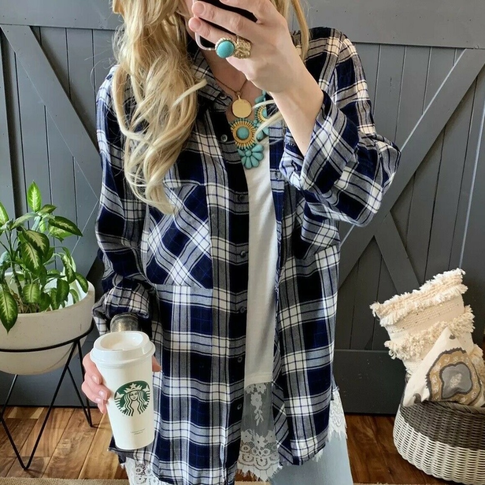 New Plaid Navy Plus Size Button Up Blouse Top - Picture 6 of 8